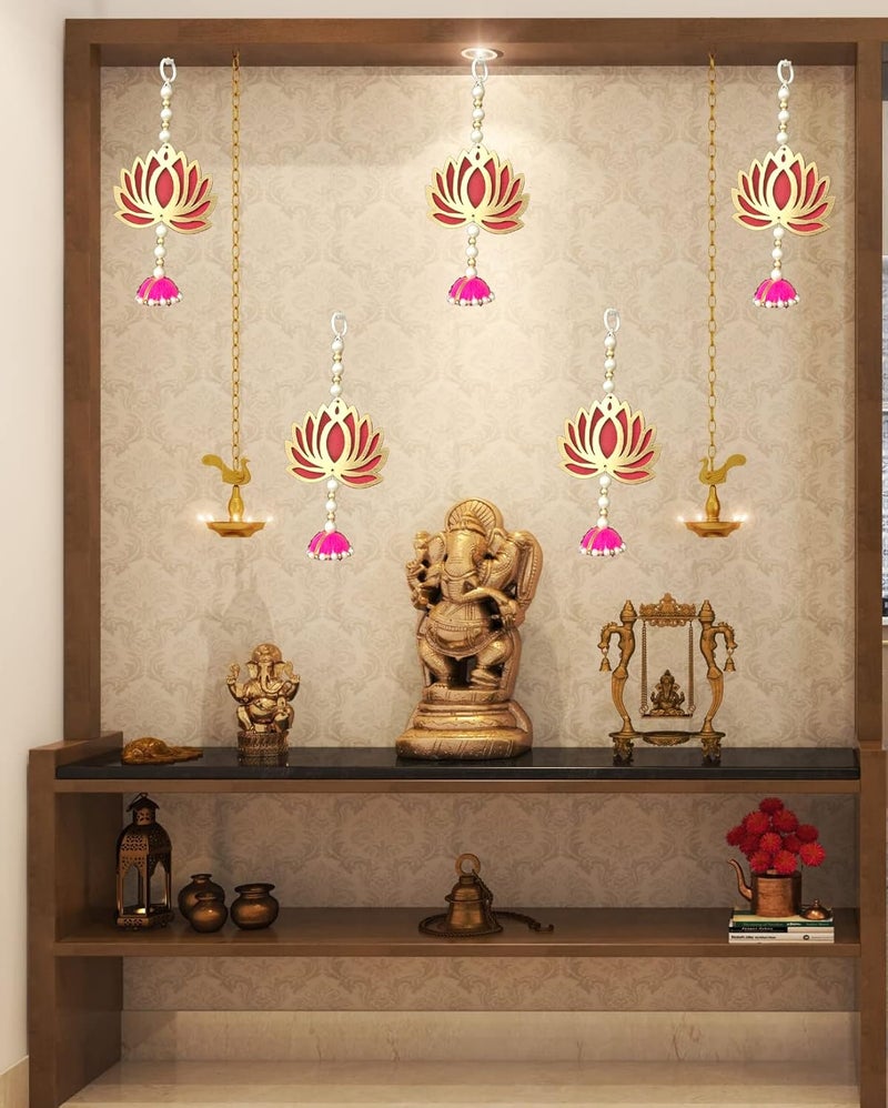 3A FEATURETAIL 3A Featuretail Lotus Design with Jhumka Handmade MDF Hanging for Wall Decor Home Decor Diwali Decor Wedding and All Festival Decor Set of 2pc 8InchX6InchX13Inch Pink Lotus - Image 3