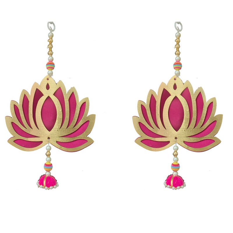 3A FEATURETAIL 3A Featuretail Lotus Design with Jhumka Handmade MDF Hanging for Wall Decor Home Decor Diwali Decor Wedding and All Festival Decor Set of 2pc 8InchX6InchX13Inch Pink Lotus - Image 1