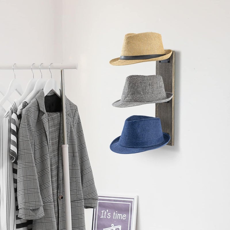 INDIDECOR INDIDECOR 444551 Wall Mounted Vintage Gray Solid Wood and Industrial Matte Black Metal Wire Hat Display Rack Vertical Hanging Cap Holder or Wig Form with 3 Tier Storage Hooks  - Image 3