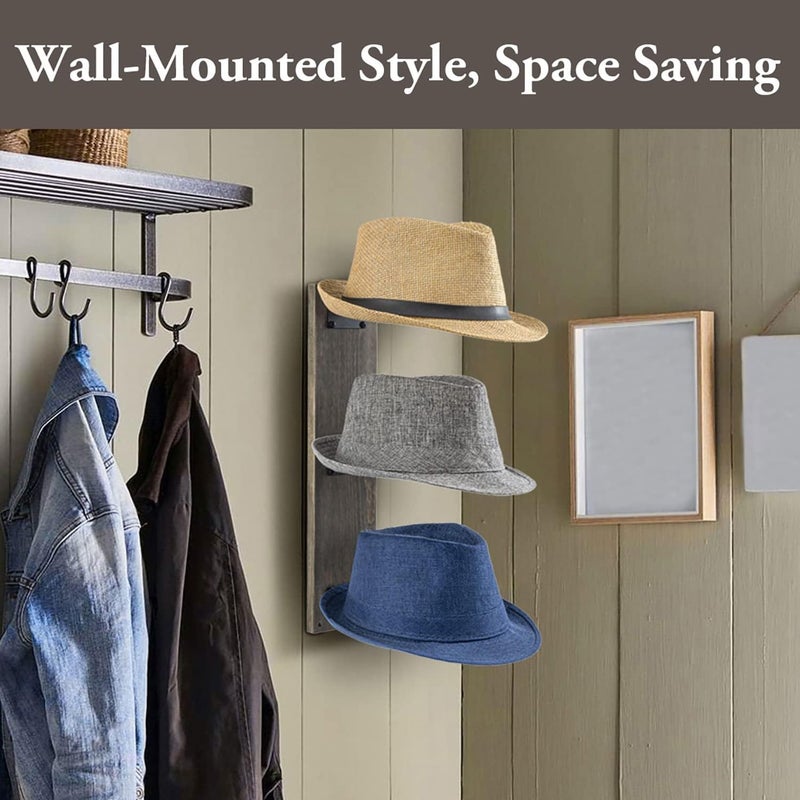 INDIDECOR INDIDECOR 444551 Wall Mounted Vintage Gray Solid Wood and Industrial Matte Black Metal Wire Hat Display Rack Vertical Hanging Cap Holder or Wig Form with 3 Tier Storage Hooks  - Image 2