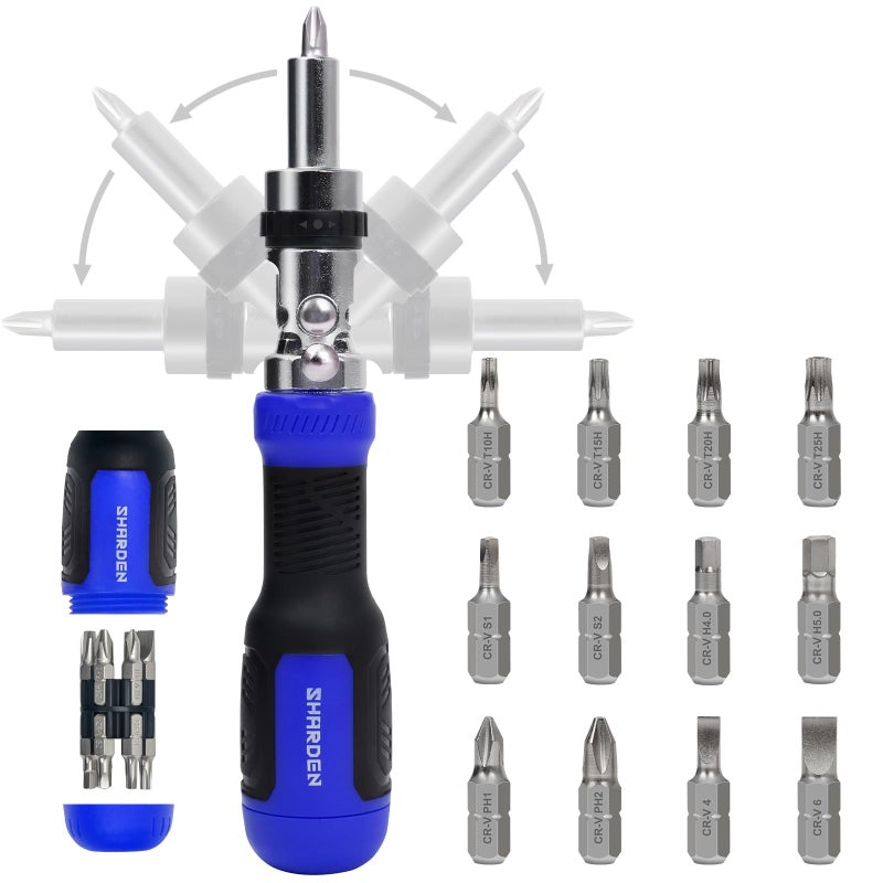 Sharden Ratchet Screwdriver 13-In-1 Multi Screwdriver Tool All In One Ratcheting Screwdriver Set With Phillips  Flat Head  Torx  Hex  Square  180 Degree Pivoting Adjustable Angle Screw Driversets Set - Image 1