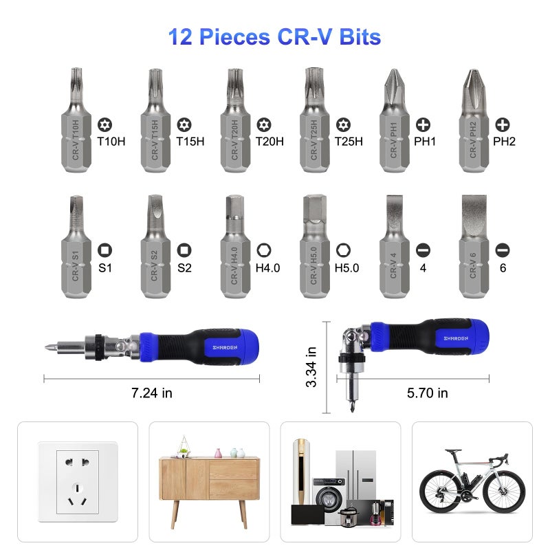 Sharden Ratchet Screwdriver 13-In-1 Multi Screwdriver Tool All In One Ratcheting Screwdriver Set With Phillips  Flat Head  Torx  Hex  Square  180 Degree Pivoting Adjustable Angle Screw Driversets Set - Image 2