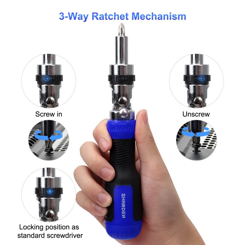 Sharden Ratchet Screwdriver 13-In-1 Multi Screwdriver Tool All In One Ratcheting Screwdriver Set With Phillips  Flat Head  Torx  Hex  Square  180 Degree Pivoting Adjustable Angle Screw Driversets Set - Image 4