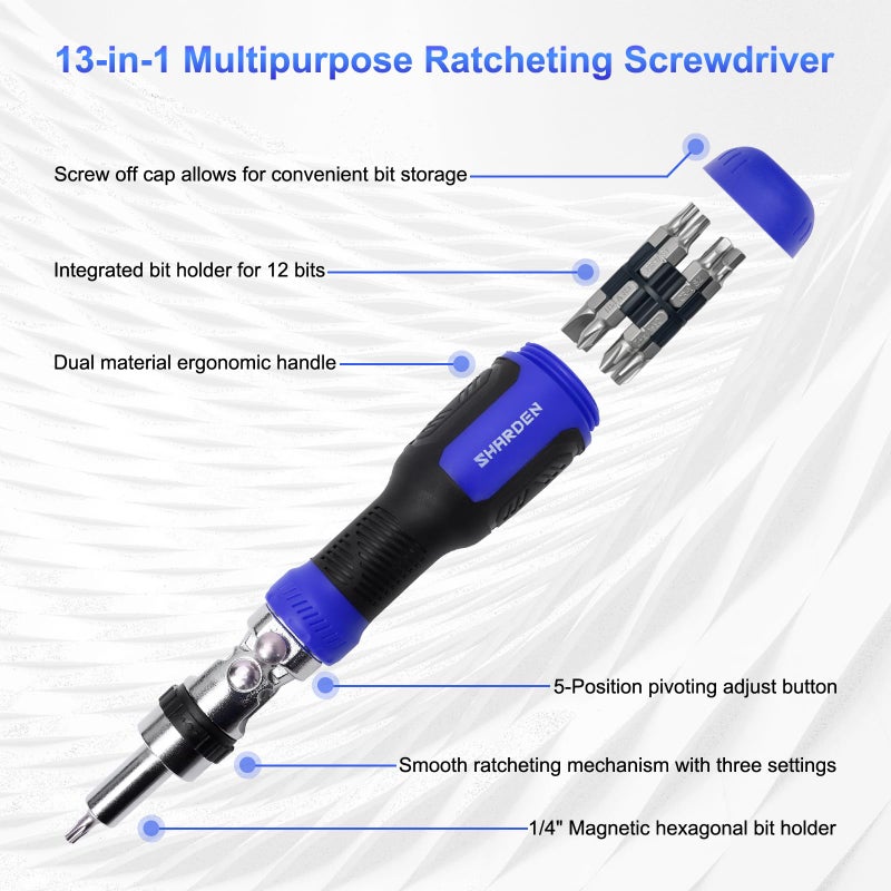 Sharden Ratchet Screwdriver 13-In-1 Multi Screwdriver Tool All In One Ratcheting Screwdriver Set With Phillips  Flat Head  Torx  Hex  Square  180 Degree Pivoting Adjustable Angle Screw Driversets Set - Image 5