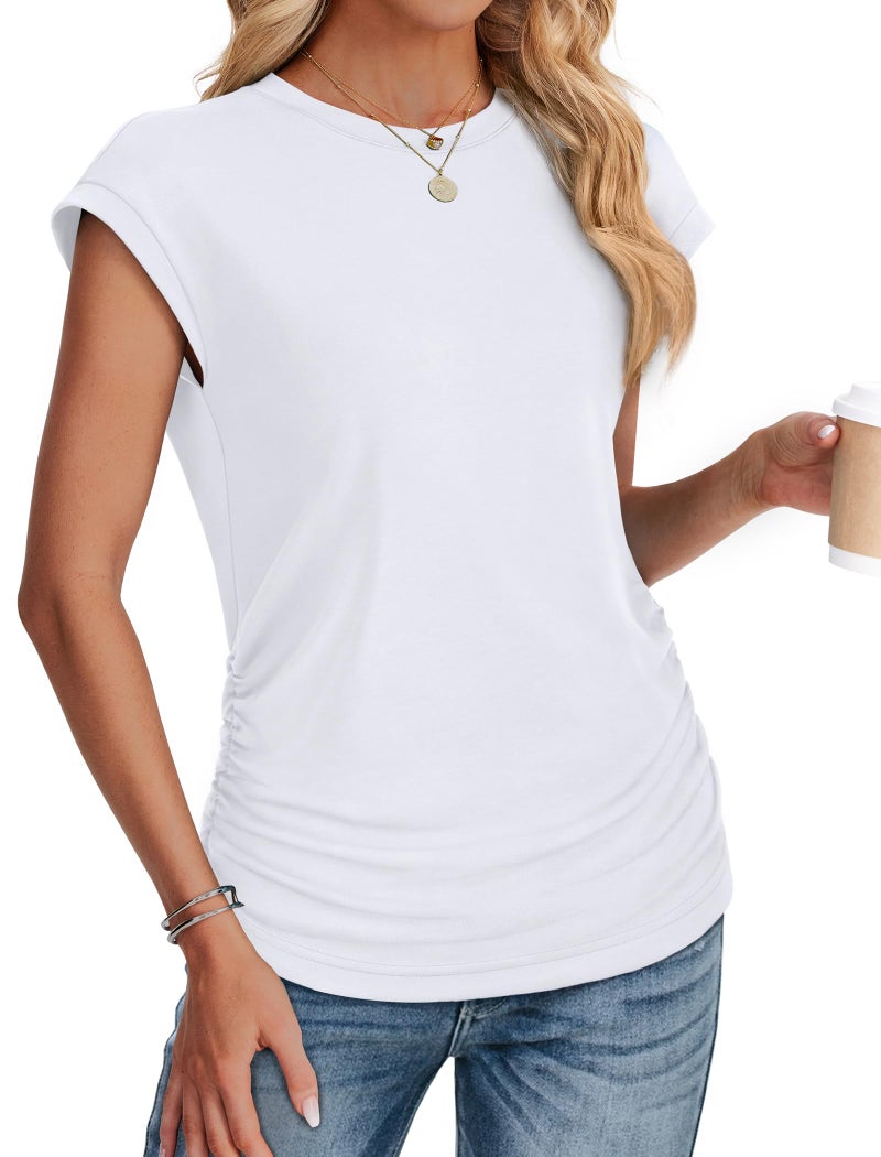 SAMPEEL T Shirts for Women Loose Fit Cap Sleeve Tops Crew Neck Ruched White Tees Cruise Travel Outfits School Outfits for Teachers 2026 S - Image 3