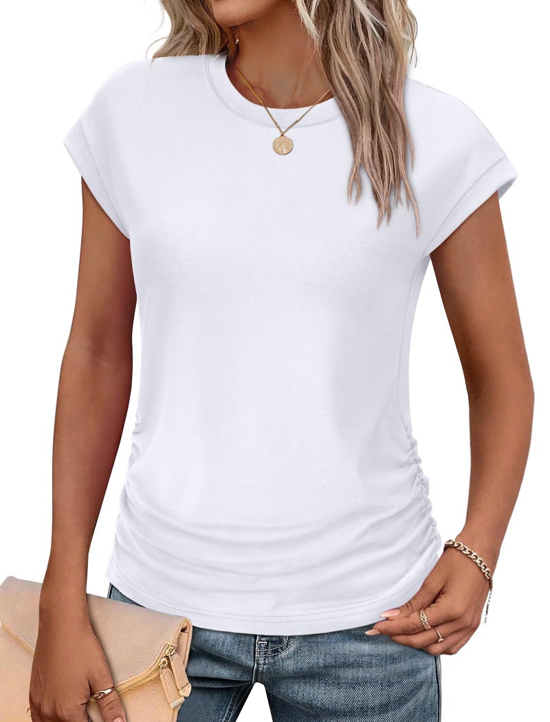 SAMPEEL T Shirts for Women Loose Fit Cap Sleeve Tops Crew Neck Ruched White Tees Cruise Travel Outfits School Outfits for Teachers 2026 S - Image 1