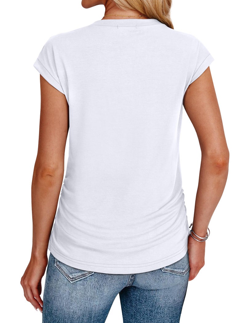 SAMPEEL T Shirts for Women Loose Fit Cap Sleeve Tops Crew Neck Ruched White Tees Cruise Travel Outfits School Outfits for Teachers 2026 S - Image 5