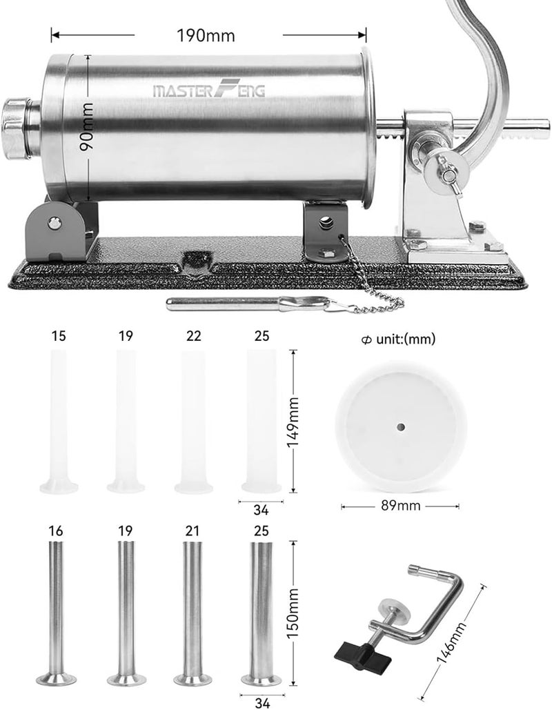 MASTER FENG 2.5 LBS Sausage Stuffer Horizontal Stainless Steel Stuffing Maker Machine Packed with 8 Stuffing Funnels and 1 Silicone Piston - Image 2