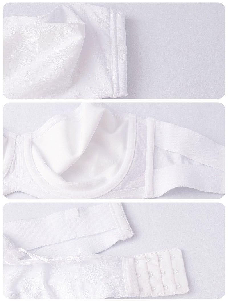 Strapless Bandeau Bra: 40F White Polyester Vintage Floral Jacquard - Detachable Adjustable Straps Anti-slip Trim Underwire Support for Wedding Party Slip Dress Tube Top Wear - Image 2