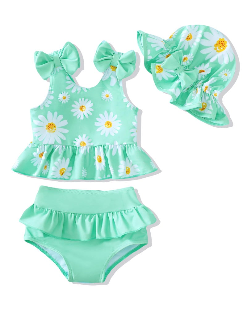 Mioglrie Baby Girl Bathing Suit Newborn Infant Swimsuit Girl 3-6 Months Two Piece Green Dasiy Swimwear Summer Beach Baby Bikini Tankini Hat Outfits Set - Image 1