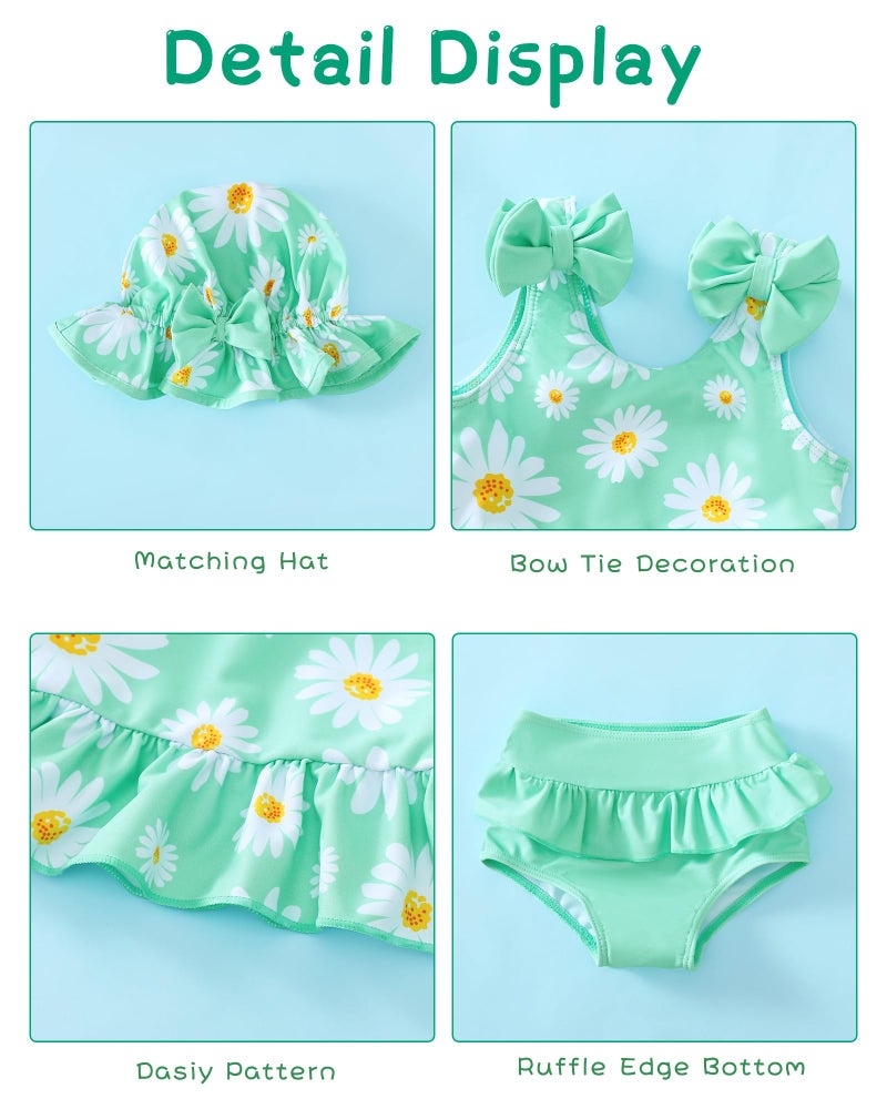 Mioglrie Baby Girl Bathing Suit Newborn Infant Swimsuit Girl 3-6 Months Two Piece Green Dasiy Swimwear Summer Beach Baby Bikini Tankini Hat Outfits Set - Image 4
