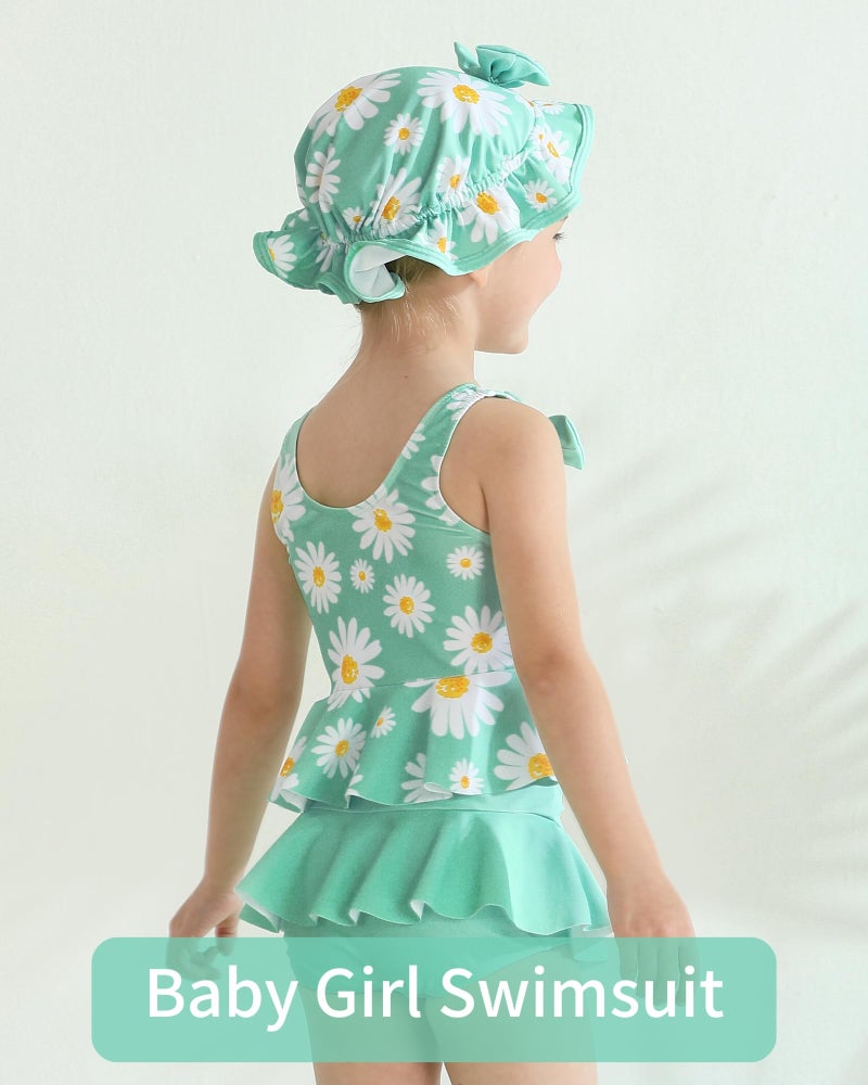 Mioglrie Baby Girl Bathing Suit Newborn Infant Swimsuit Girl 3-6 Months Two Piece Green Dasiy Swimwear Summer Beach Baby Bikini Tankini Hat Outfits Set - Image 3