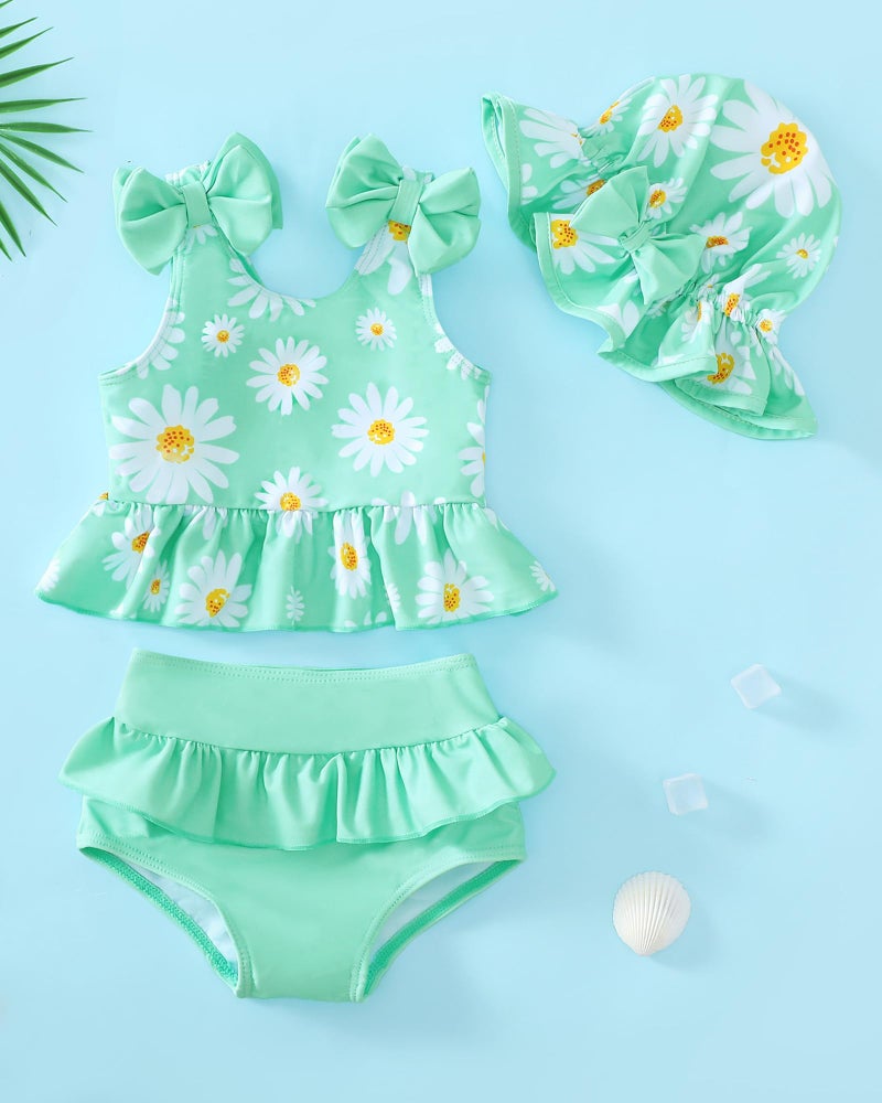 Mioglrie Baby Girl Bathing Suit Newborn Infant Swimsuit Girl 3-6 Months Two Piece Green Dasiy Swimwear Summer Beach Baby Bikini Tankini Hat Outfits Set - Image 2