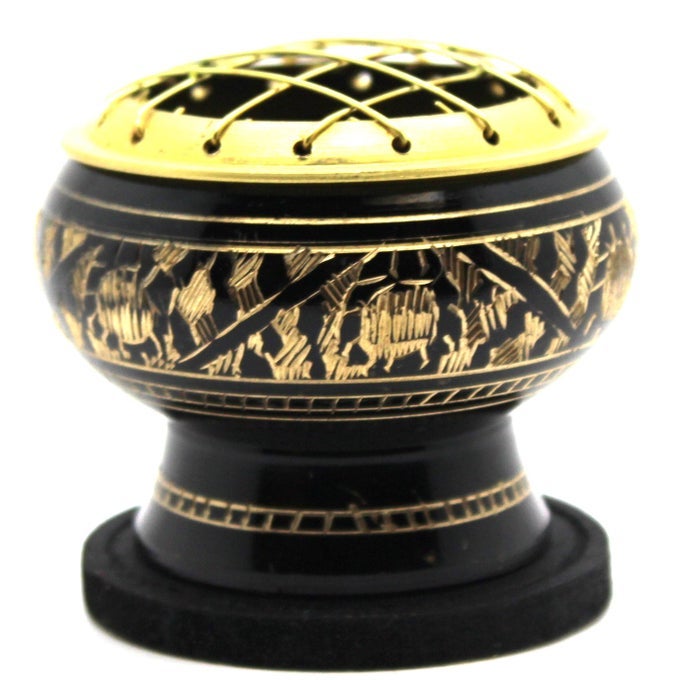 SMALL DECORATED BRASS CHARCOAL SCREEN INCENSE BURNER WITH WOODEN COASTER