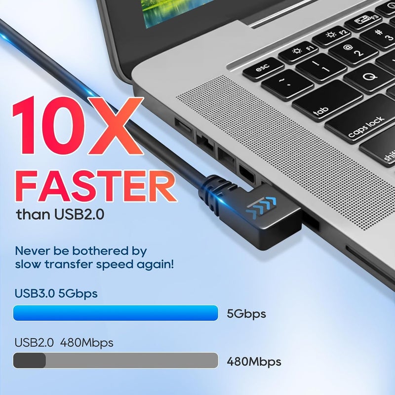 كاست ويف 4 قطع كابل تمديد USB 3.0 بزاوية 90 درجة، محول تمديد كابل USB قصير من ذكر إلى أنثى، زاوية رأسية لأعلى ولأسفل، زاوية أفقية لليسار ولليمين لشاشة العرض والطابعة وكابل الشحن ووحدة تحكم الألعاب - Image 3