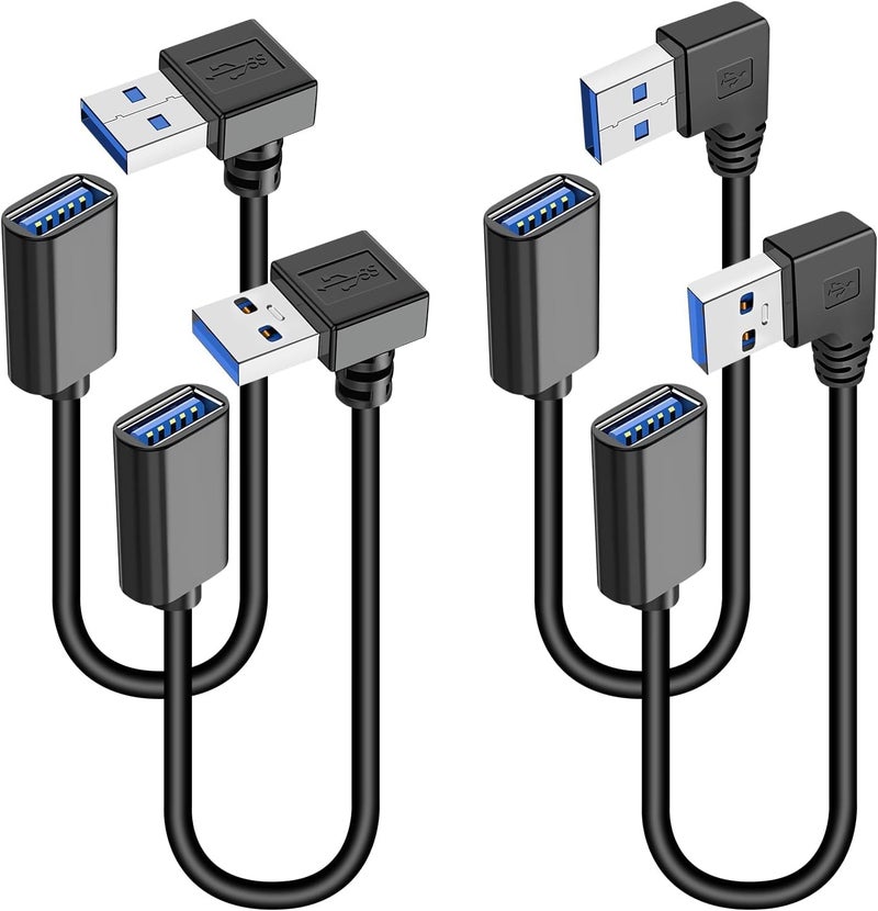 كاست ويف 4 قطع كابل تمديد USB 3.0 بزاوية 90 درجة، محول تمديد كابل USB قصير من ذكر إلى أنثى، زاوية رأسية لأعلى ولأسفل، زاوية أفقية لليسار ولليمين لشاشة العرض والطابعة وكابل الشحن ووحدة تحكم الألعاب - Image 1