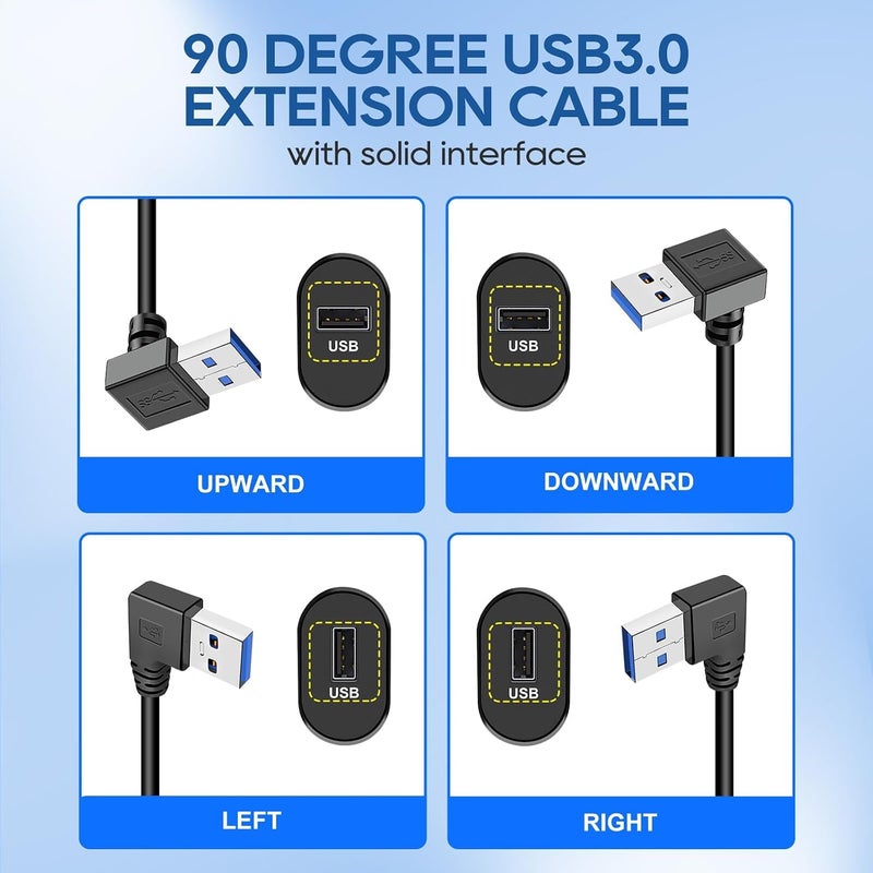 كاست ويف 4 قطع كابل تمديد USB 3.0 بزاوية 90 درجة، محول تمديد كابل USB قصير من ذكر إلى أنثى، زاوية رأسية لأعلى ولأسفل، زاوية أفقية لليسار ولليمين لشاشة العرض والطابعة وكابل الشحن ووحدة تحكم الألعاب - Image 2