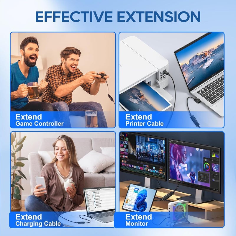 كاست ويف 4 قطع كابل تمديد USB 3.0 بزاوية 90 درجة، محول تمديد كابل USB قصير من ذكر إلى أنثى، زاوية رأسية لأعلى ولأسفل، زاوية أفقية لليسار ولليمين لشاشة العرض والطابعة وكابل الشحن ووحدة تحكم الألعاب - Image 5