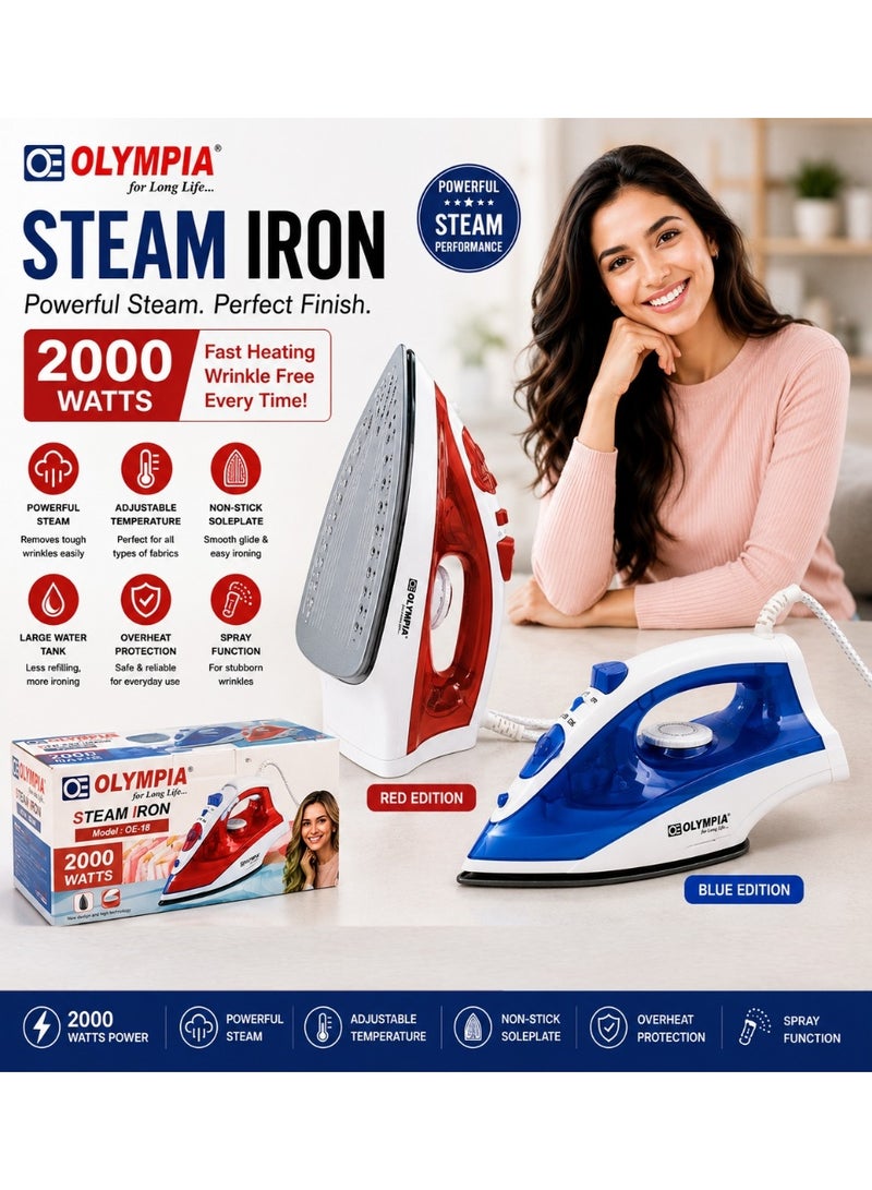 OLYMPIA 2000W Powerful Steam Iron With Adjustable Temperature, Non-Stick Soleplate, Large Water Tank, Spray Function, Overheat Protection, Fast Heating And Smooth Glide For Wrinkle-Free Clothes And Everyday Home Ironing