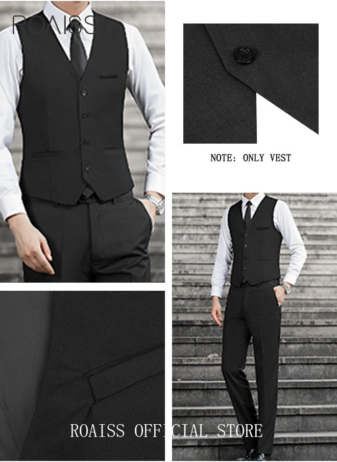 Men Single Breasted Formal Vests V Neck Sleeveless Slim Waistcoat for Male with Pockets and Back Drawstring for Business or Casual