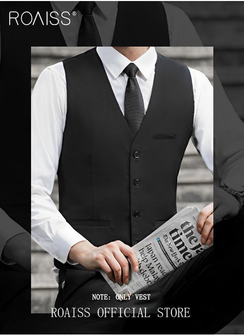 Men Single Breasted Formal Vests V Neck Sleeveless Slim Waistcoat for Male with Pockets and Back Drawstring for Business or Casual