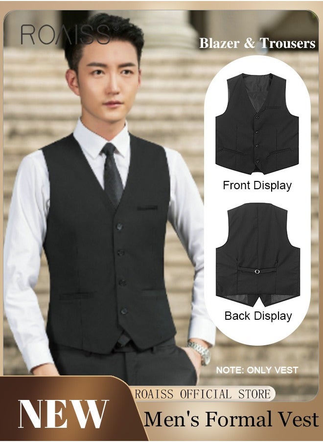 Men Single Breasted Formal Vests V Neck Sleeveless Slim Waistcoat for Male with Pockets and Back Drawstring for Business or Casual