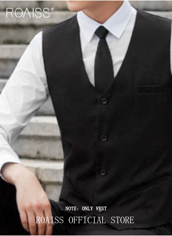 Men Single Breasted Formal Vests V Neck Sleeveless Slim Waistcoat for Male with Pockets and Back Drawstring for Business or Casual