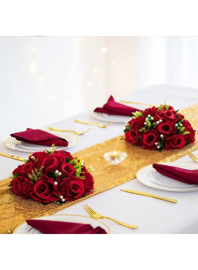 BLOSMON Flower Centerpieces for Tables Wedding 2 Pcs Crismon Fake Flowers with Base Rose Balls Arrangement Bouquet Floral Centerpiece Artificial Wedding Center Pieces of Home Party Decor - Image 2