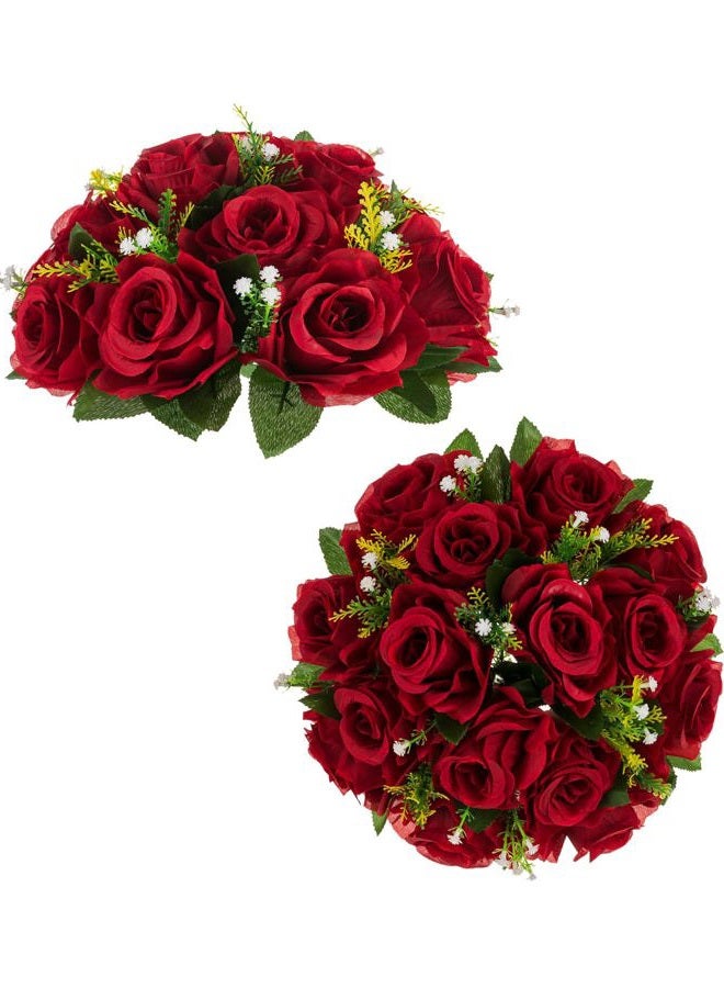 BLOSMON Flower Centerpieces for Tables Wedding 2 Pcs Crismon Fake Flowers with Base Rose Balls Arrangement Bouquet Floral Centerpiece Artificial Wedding Center Pieces of Home Party Decor - Image 1
