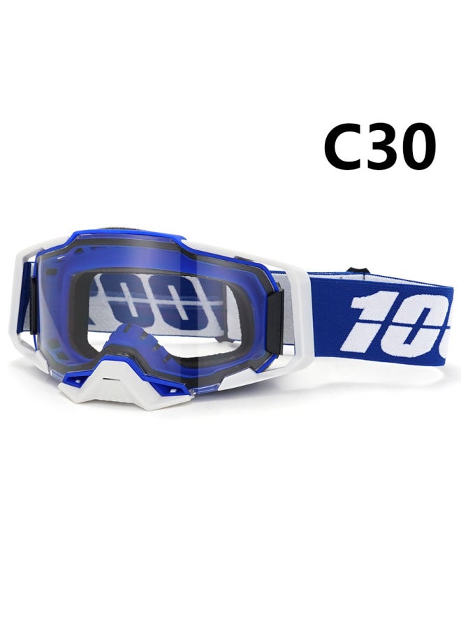 Spot Motorcycle Goggles, Blue and White Frame, Transparent Lens, Windproof for Outdoor Riding