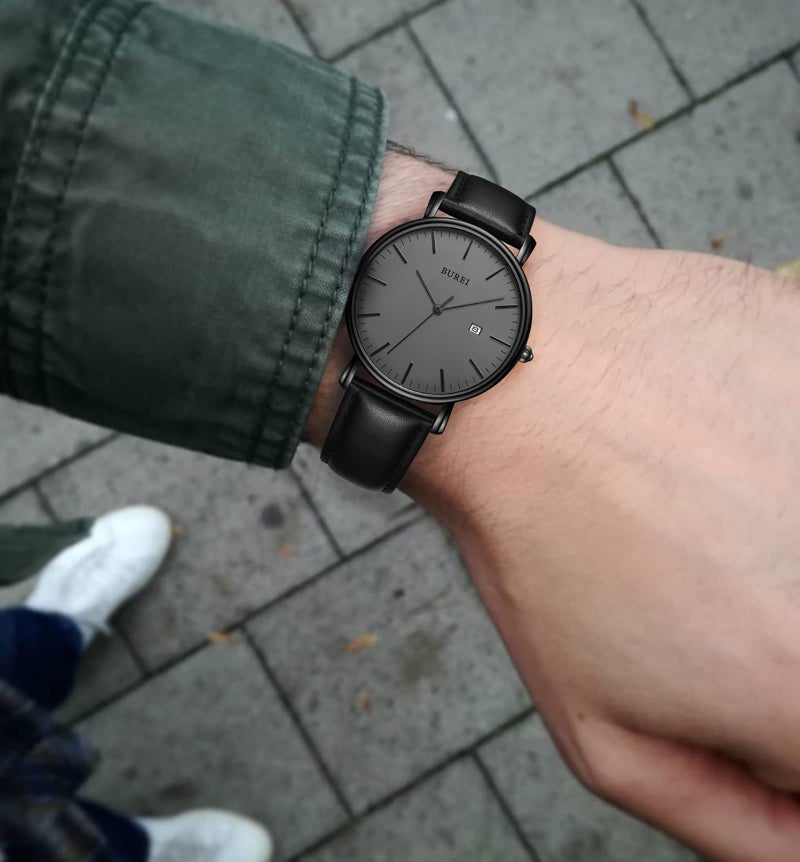 BUREI Men's Fashion Minimalist Wrist Watch Analog Date with Leather Strap (Dark Grey) - Image 5