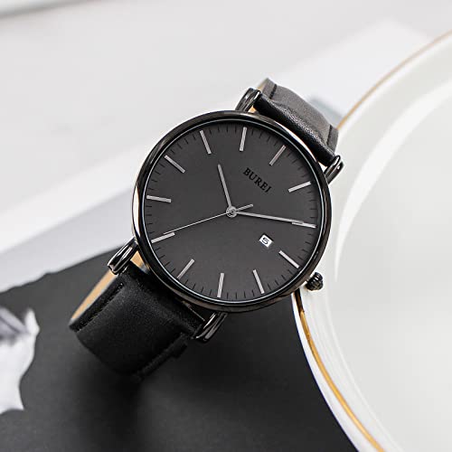 BUREI Men's Fashion Minimalist Wrist Watch Analog Date with Leather Strap (Dark Grey) - Image 3