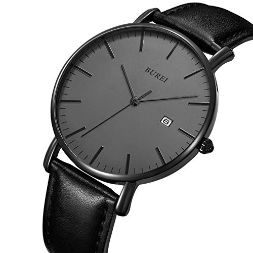 BUREI Men's Fashion Minimalist Wrist Watch Analog Date with Leather Strap (Dark Grey) - Image 2