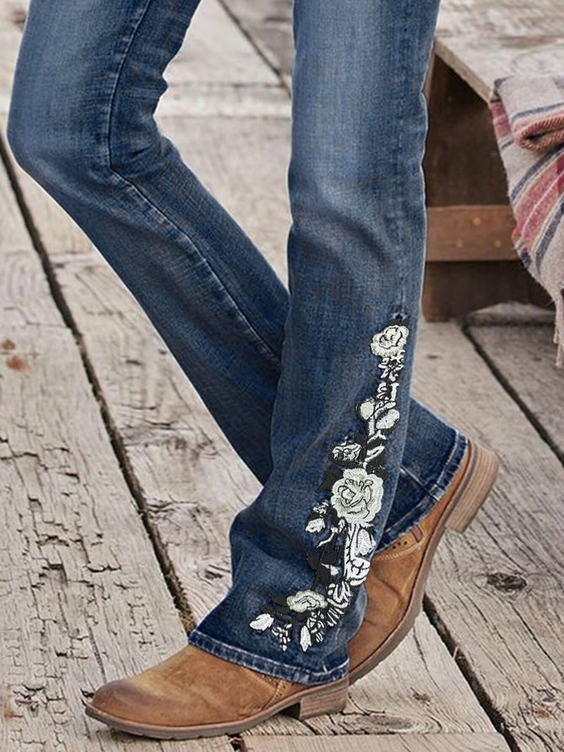 Flamingals Women's Floral Embroidery Mid Waist High Stretch Bootcut Jeans with Pockets Denim Wash Vintage L - Image 4