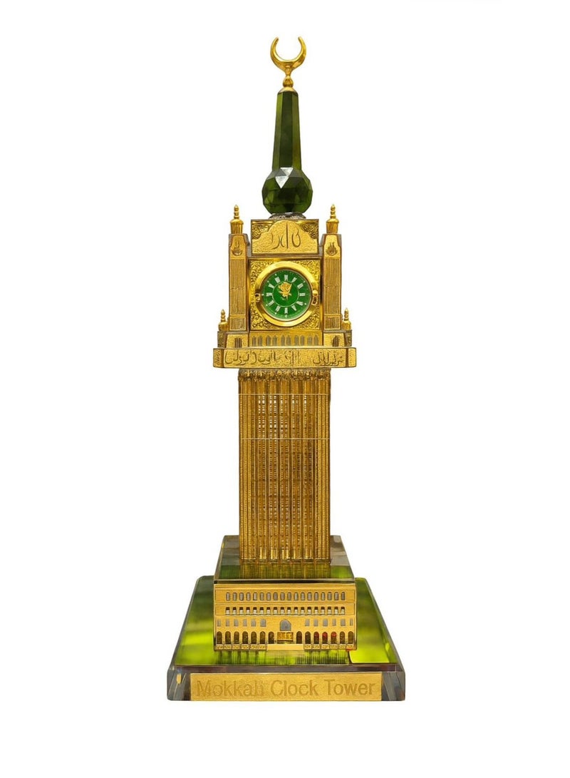 Large Crystal Clock Tower Model, 40 cm high with a 12 cm wide base, made of thick transparent glass crystal with a detailed golden metal structure and a dark green clock face, topped with transparent green crystal and blades holding the golden crescent, a luxurious decorative piece suitable for gifting. - Image 1