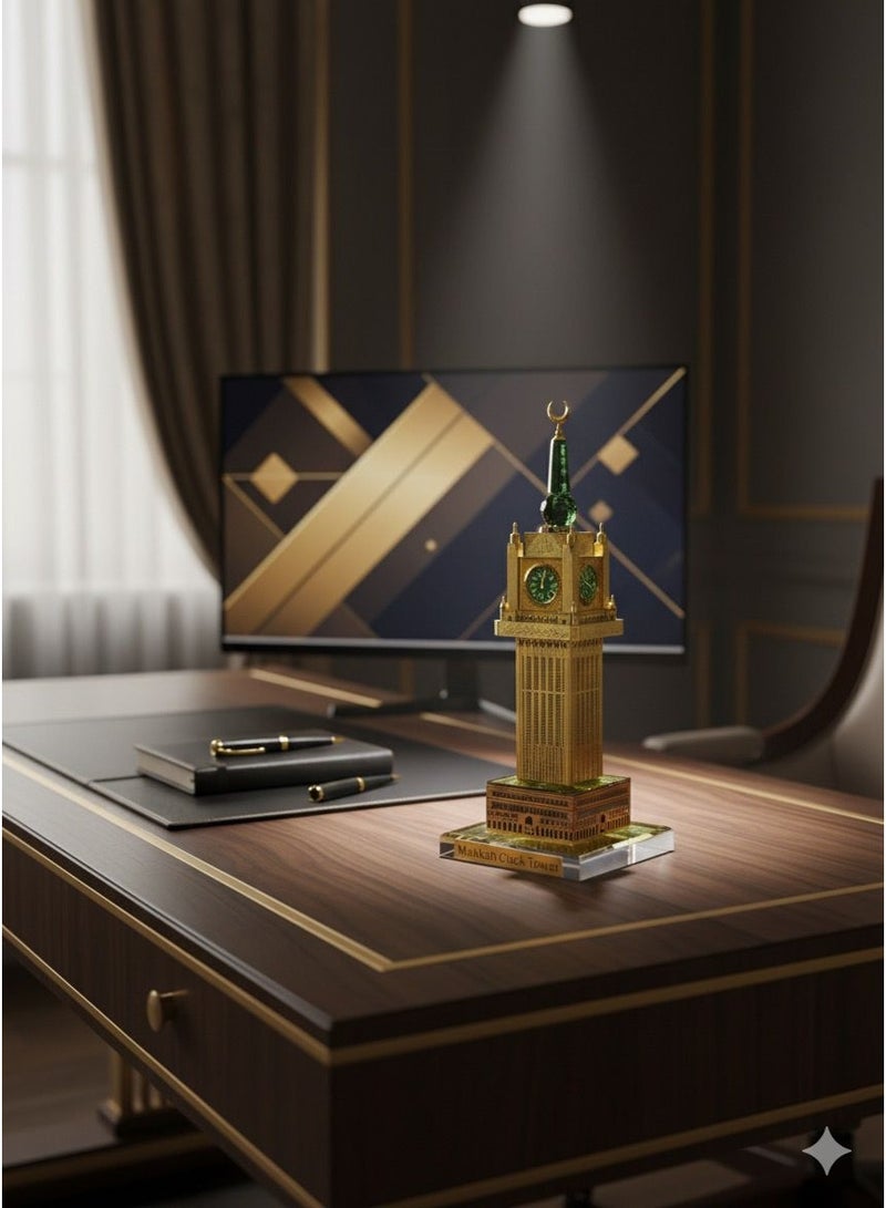 Large Crystal Clock Tower Model, 40 cm high with a 12 cm wide base, made of thick transparent glass crystal with a detailed golden metal structure and a dark green clock face, topped with transparent green crystal and blades holding the golden crescent, a luxurious decorative piece suitable for gifting. - Image 2