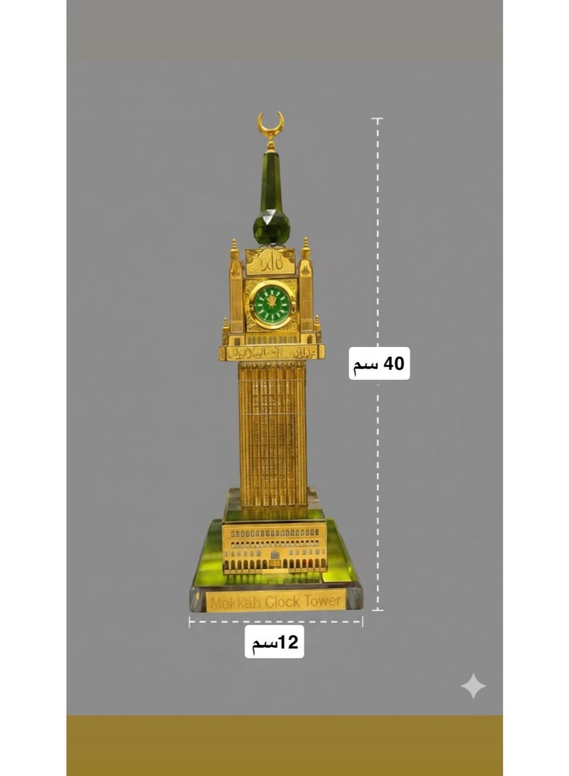 Large Crystal Clock Tower Model, 40 cm high with a 12 cm wide base, made of thick transparent glass crystal with a detailed golden metal structure and a dark green clock face, topped with transparent green crystal and blades holding the golden crescent, a luxurious decorative piece suitable for gifting. - Image 3