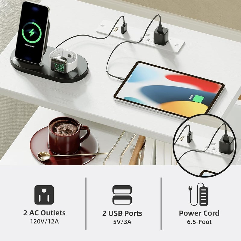 شاربدو حامل ليلي شاربدو لغرفة النوم مزود بمقبسين تيار متردد ومنفذي USB، ومقبس قياسي في المملكة المتحدة، وخزانة تخزين نهائية مع ضوء LED ودرج تخزين (أبيض) - Image 2