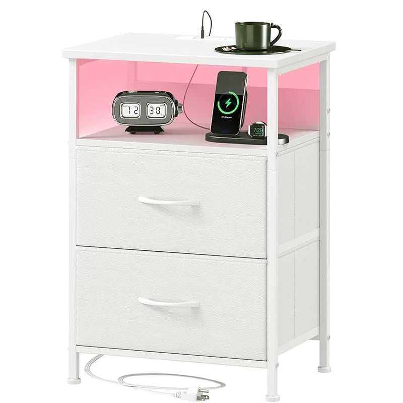 شاربدو حامل ليلي شاربدو لغرفة النوم مزود بمقبسين تيار متردد ومنفذي USB، ومقبس قياسي في المملكة المتحدة، وخزانة تخزين نهائية مع ضوء LED ودرج تخزين (أبيض) - Image 3