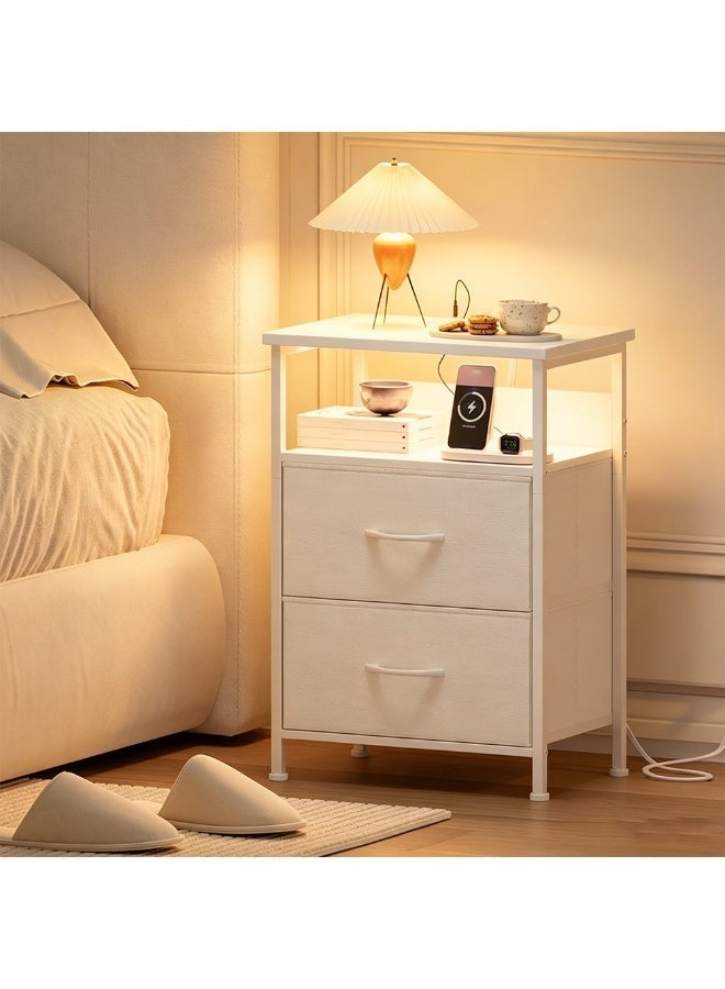 Sharpdo Modern White Nightstand with 2 Drawers, Bedroom Side Storage Cabinet with Built-in UK Sockets & USB Charging Ports, Dimmable LED Bedside Table with Storage Drawers, Sturdy MDF End Table for Bedroom, 42x30x60.5cm - Image 2