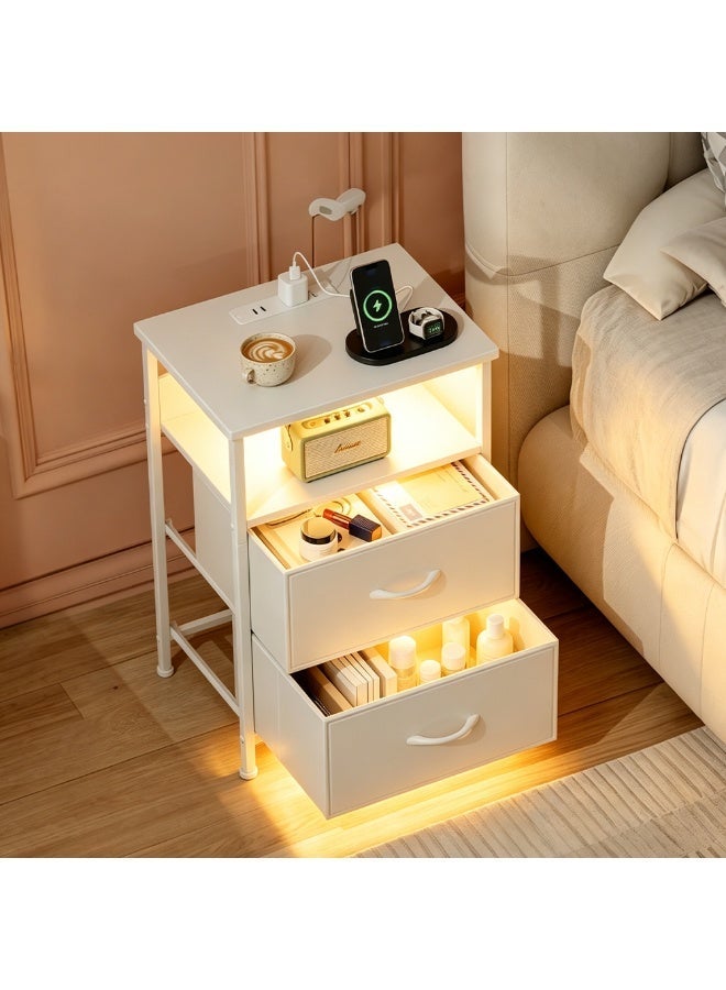 Sharpdo Modern White Nightstand with 2 Drawers, Bedroom Side Storage Cabinet with Built-in UK Sockets & USB Charging Ports, Dimmable LED Bedside Table with Storage Drawers, Sturdy MDF End Table for Bedroom, 42x30x60.5cm - Image 1