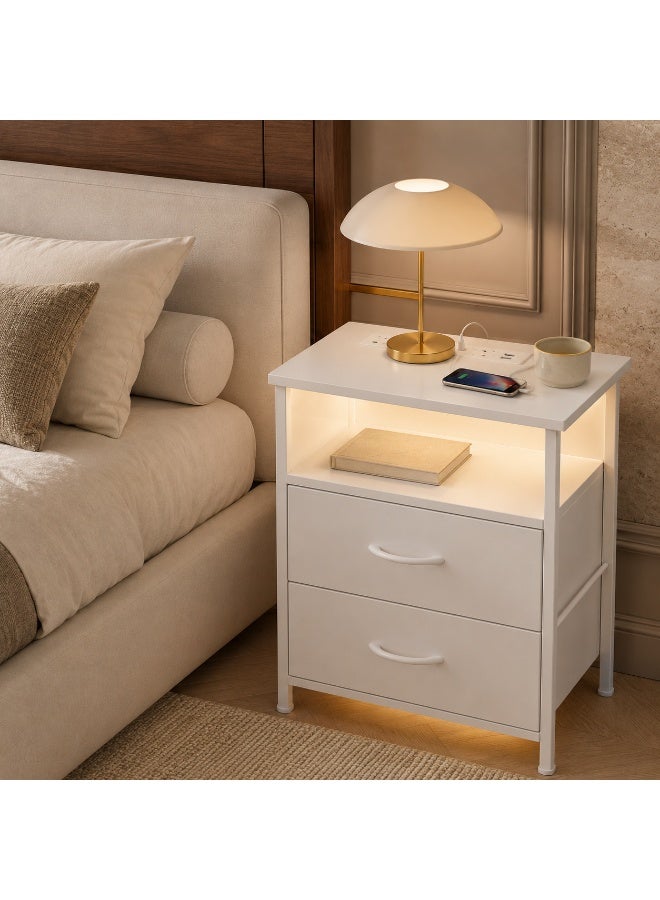 Sharpdo Modern White Nightstand with 2 Drawers, Bedroom Side Storage Cabinet with Built-in UK Sockets & USB Charging Ports, Dimmable LED Bedside Table with Storage Drawers, Sturdy MDF End Table for Bedroom, 42x30x60.5cm - Image 1