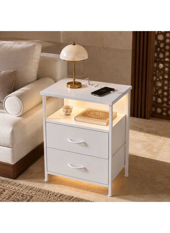 Sharpdo Modern White Nightstand with 2 Drawers, Bedroom Side Storage Cabinet with Built-in UK Sockets & USB Charging Ports, Dimmable LED Bedside Table with Storage Drawers, Sturdy MDF End Table for Bedroom, 42x30x60.5cm - Image 2