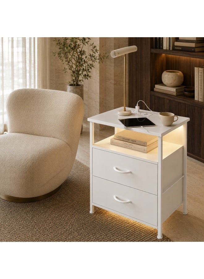 Sharpdo Modern White Nightstand with 2 Drawers, Bedroom Side Storage Cabinet with Built-in UK Sockets & USB Charging Ports, Dimmable LED Bedside Table with Storage Drawers, Sturdy MDF End Table for Bedroom, 42x30x60.5cm - Image 4