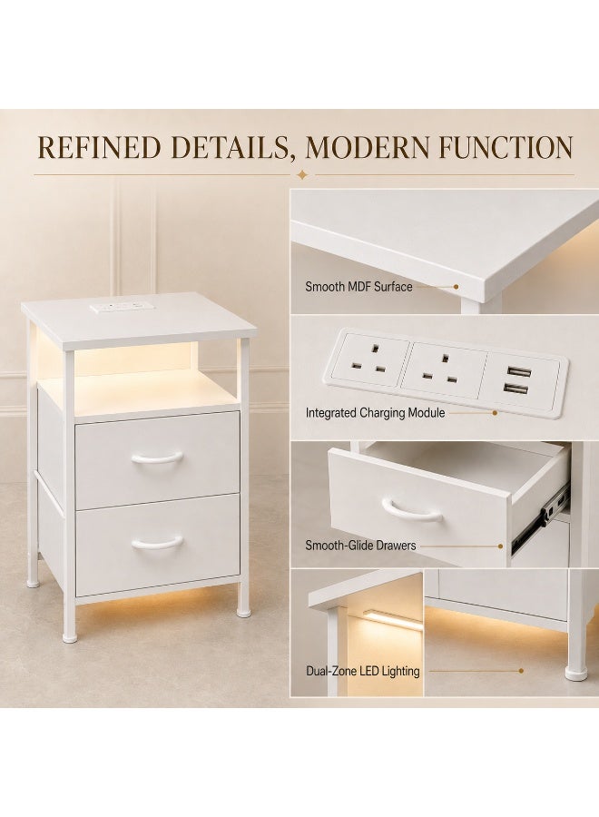 Sharpdo Modern White Nightstand with 2 Drawers, Bedroom Side Storage Cabinet with Built-in UK Sockets & USB Charging Ports, Dimmable LED Bedside Table with Storage Drawers, Sturdy MDF End Table for Bedroom, 42x30x60.5cm - Image 5