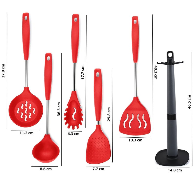 WOODTULA WOODTULA Silicone Non Stick Spoon Set for Cooking Dosa Ladle Skimmer Rice Spoon Slotted Turner Silicone Pasta Fork Silicone Wok Skimmer Spatula Stand Noodle Spoon Dosa Turner Steel Set of 6 Red  - Image 2