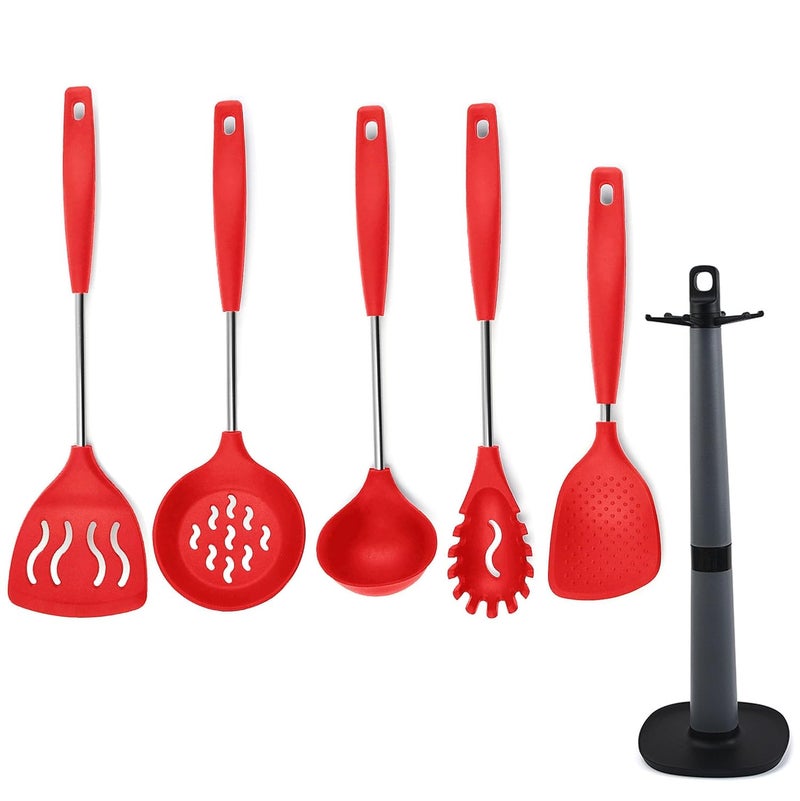 WOODTULA WOODTULA Silicone Non Stick Spoon Set for Cooking Dosa Ladle Skimmer Rice Spoon Slotted Turner Silicone Pasta Fork Silicone Wok Skimmer Spatula Stand Noodle Spoon Dosa Turner Steel Set of 6 Red  - Image 1