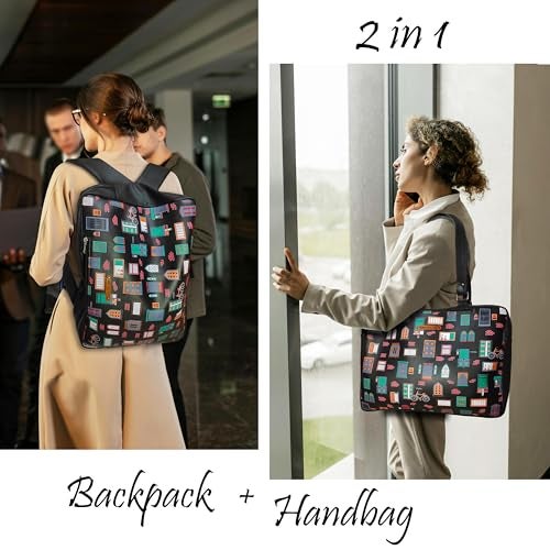 Funk For Hire Womens Leatherette Printed 2 In 1 Backpack Shoulder Bag Handbag Fit Up To 15.6" Laptop - Black (Small Size) - Image 5