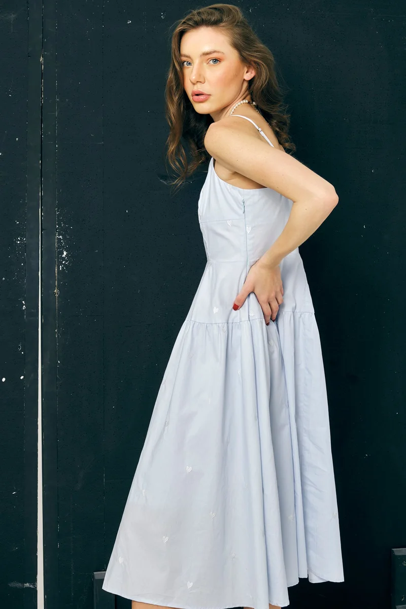 Virgio Blue Embroidered Cotton Heart Embroidered Midi Dress for Women for Women | Best Price UAE