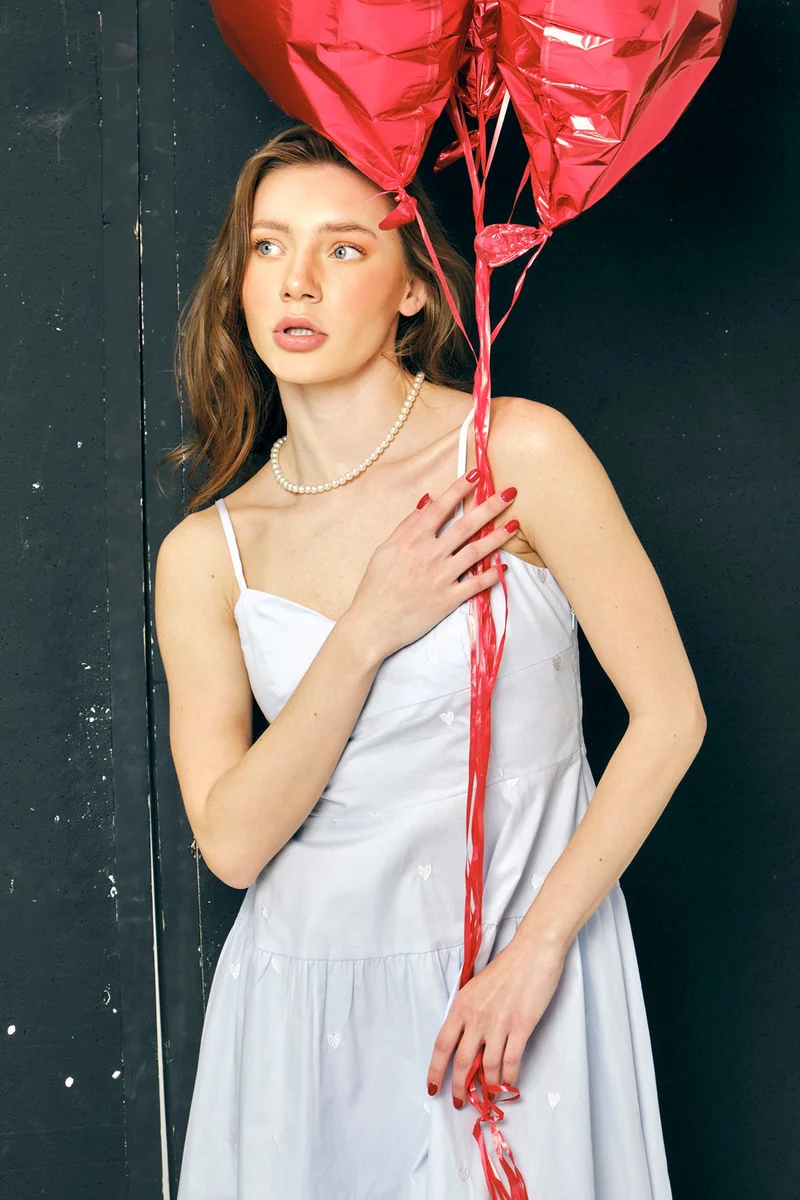 فيرجيو Embroidered Cotton Heart Embroidered Midi Dress for Women